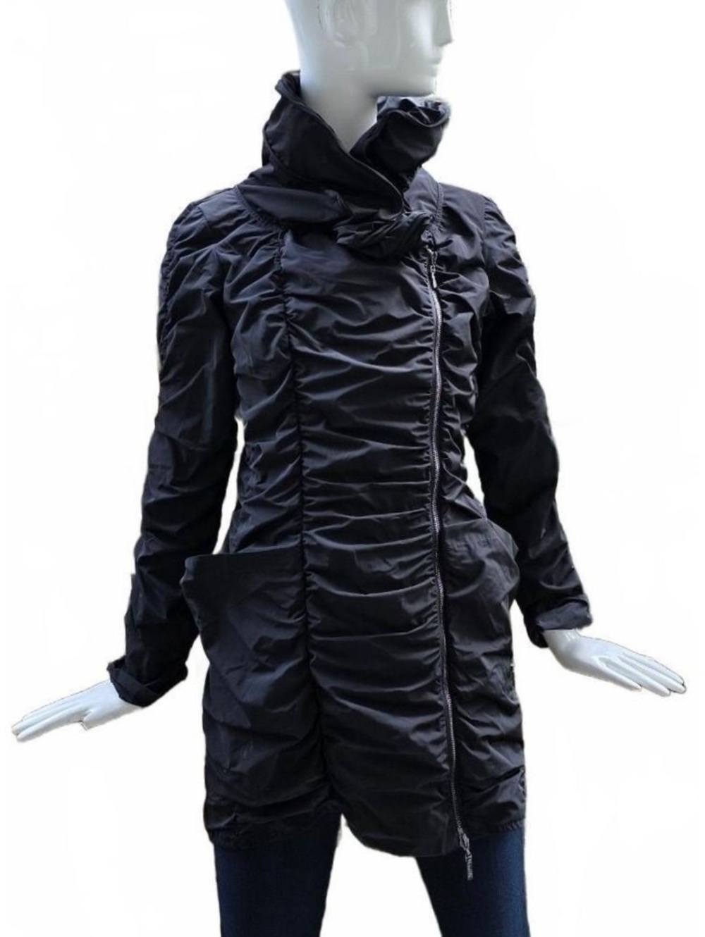 Joseph Ribkoff Black Ruched Center Zip Adjustable Collar Memory Fabric Jacket S